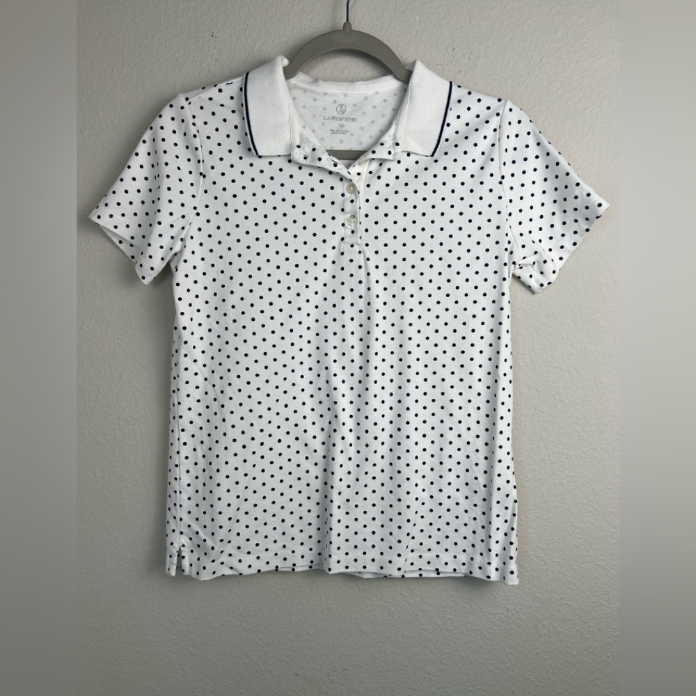 Lands' End Women's polka dot PIMA cotton navy/white polo size Small